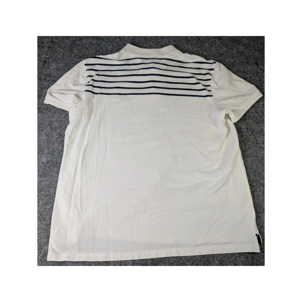 Banana Republic Mens L Fitted Polo Shirt Cream Navy Blue Striped Cotton EUC